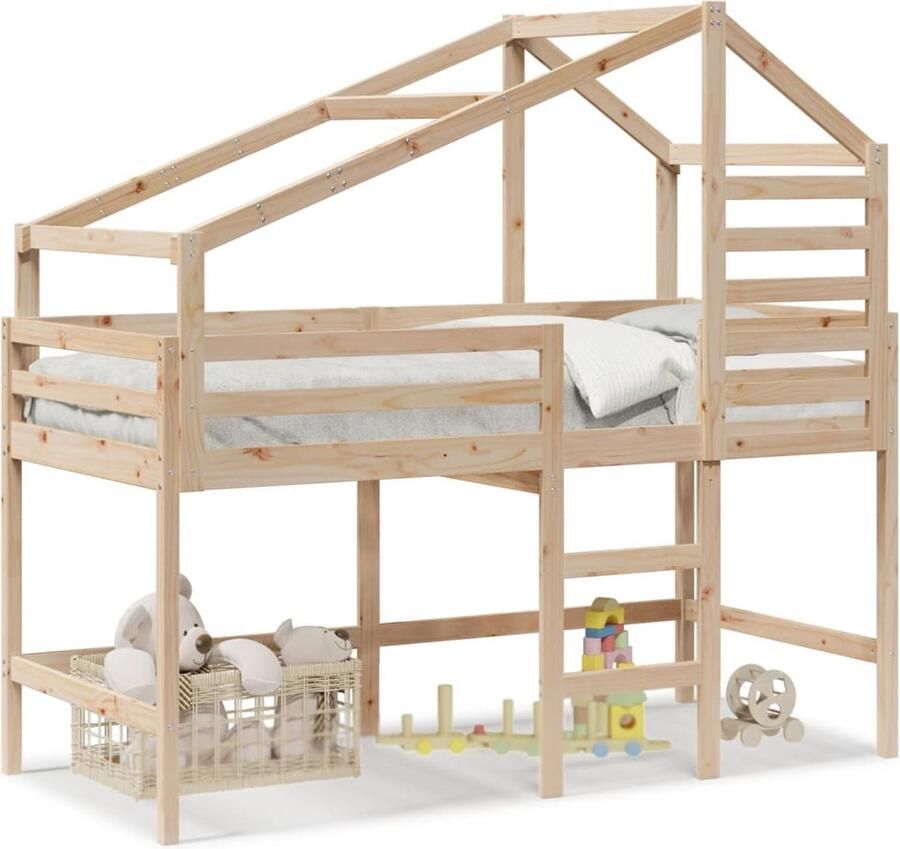 VidaXL Halfhoogslaper met ladder en bedhuis grenenhout 90x200 cm - Foto 7