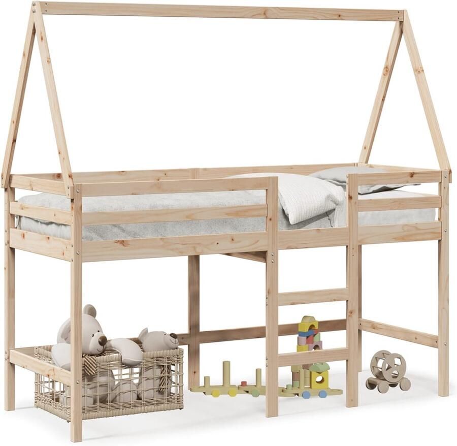 VidaXL Halfhoogslaper met ladder en bedhuis grenenhout 90x200 cm - Foto 8