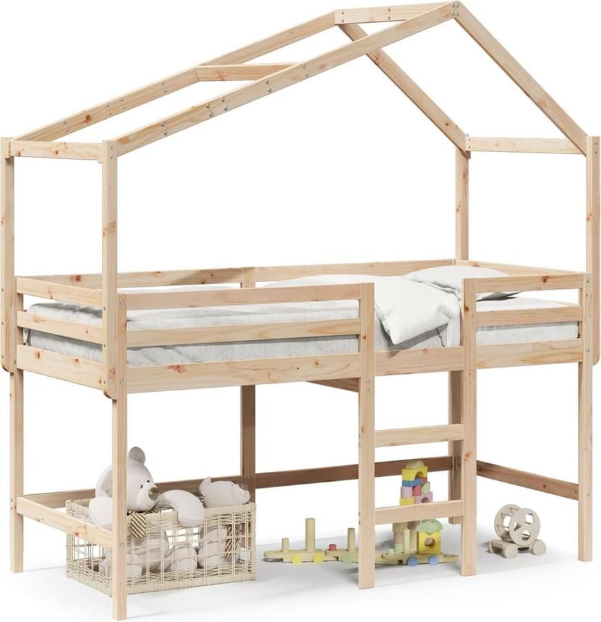 VidaXL Halfhoogslaper met ladder en bedhuis grenenhout 90x200 cm - Foto 5