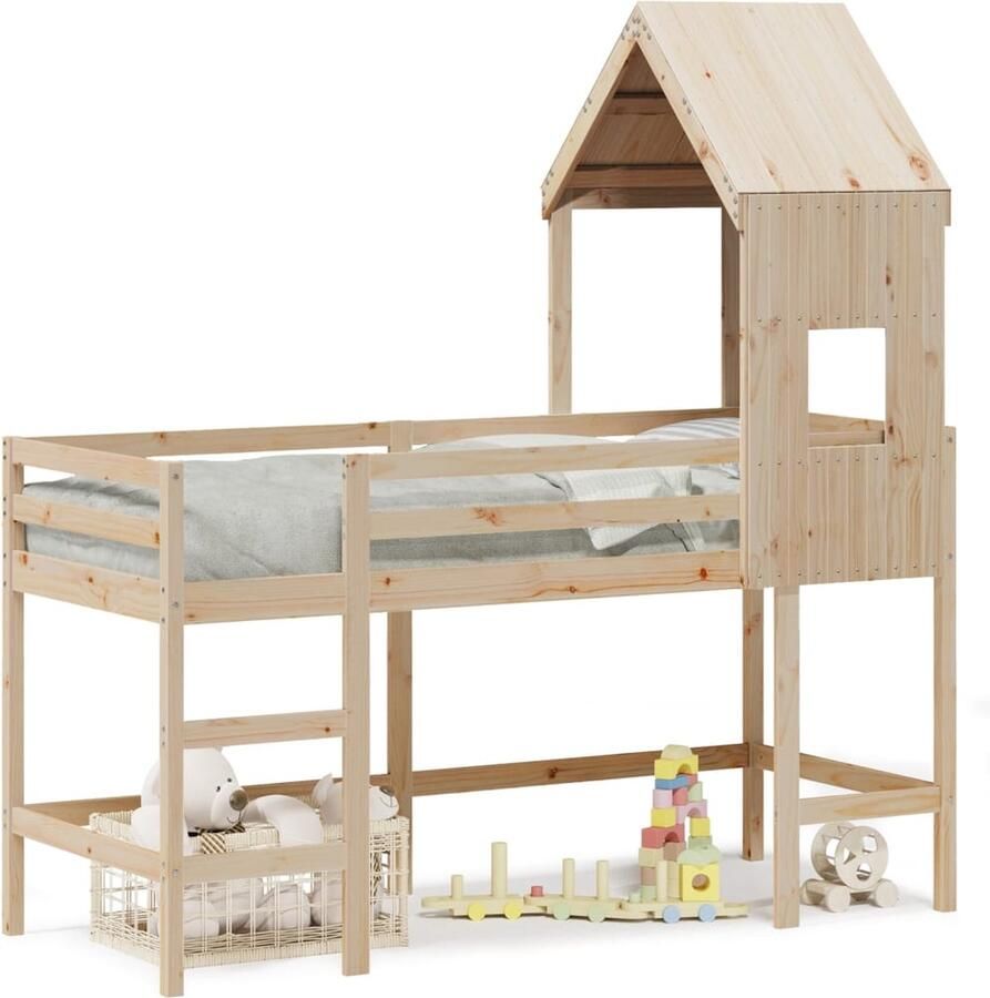 VidaXL Halfhoogslaper met ladder en bedhuis grenenhout 90x200 cm - Foto 4