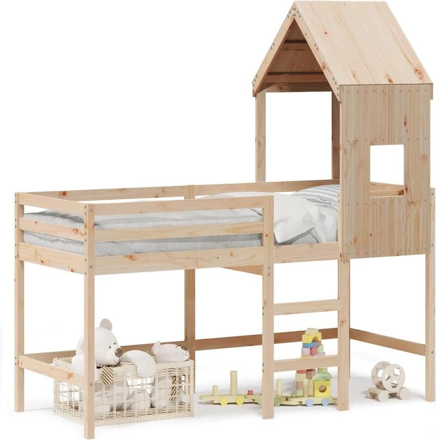 VidaXL Halfhoogslaper met ladder en bedhuis grenenhout 90x200 cm - Foto 2