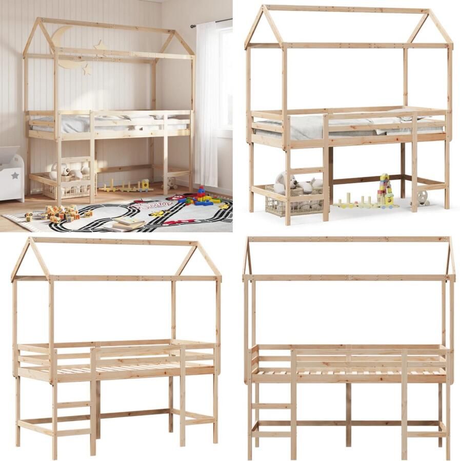 VidaXL Halfhoogslaper met ladder en bedhuis grenenhout 90x200 cm Kinderhoogslaper Kinderhoogslapers Kinderbed Peuterbed
