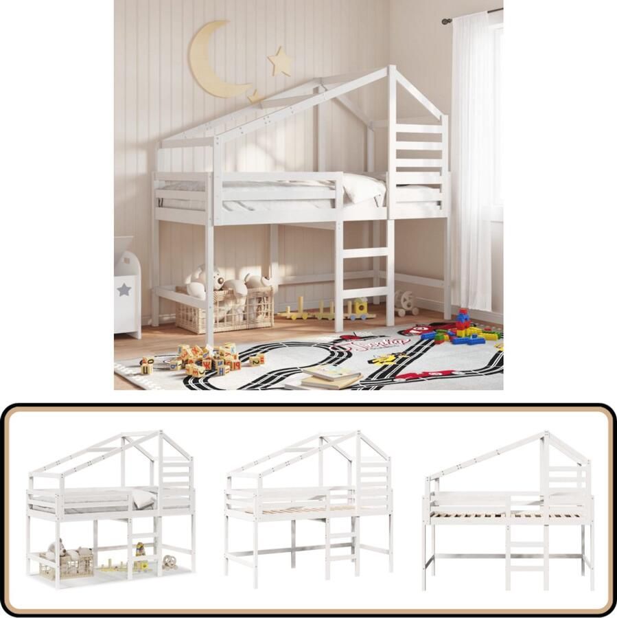 VidaXL Halfhoogslaper met ladder en bedhuis grenenhout wit 80x200 cm