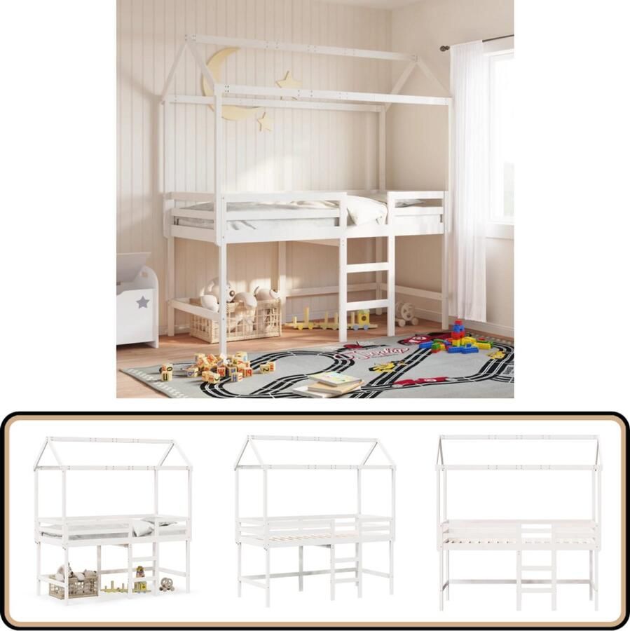 VidaXL Halfhoogslaper met ladder en bedhuis grenenhout wit 80x200 cm