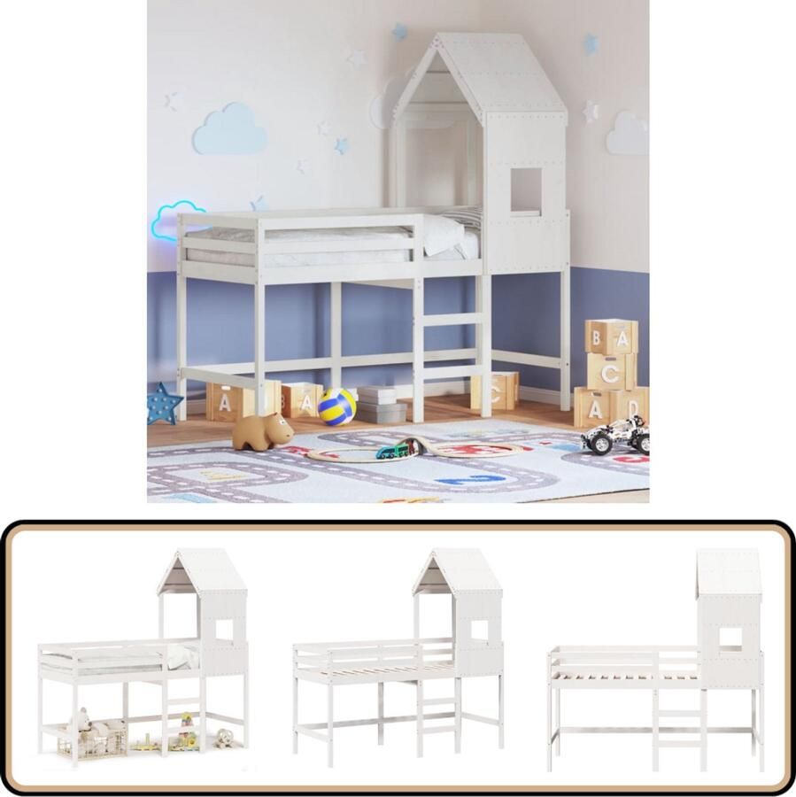 VidaXL Halfhoogslaper met ladder en bedhuis grenenhout wit 80x200 cm