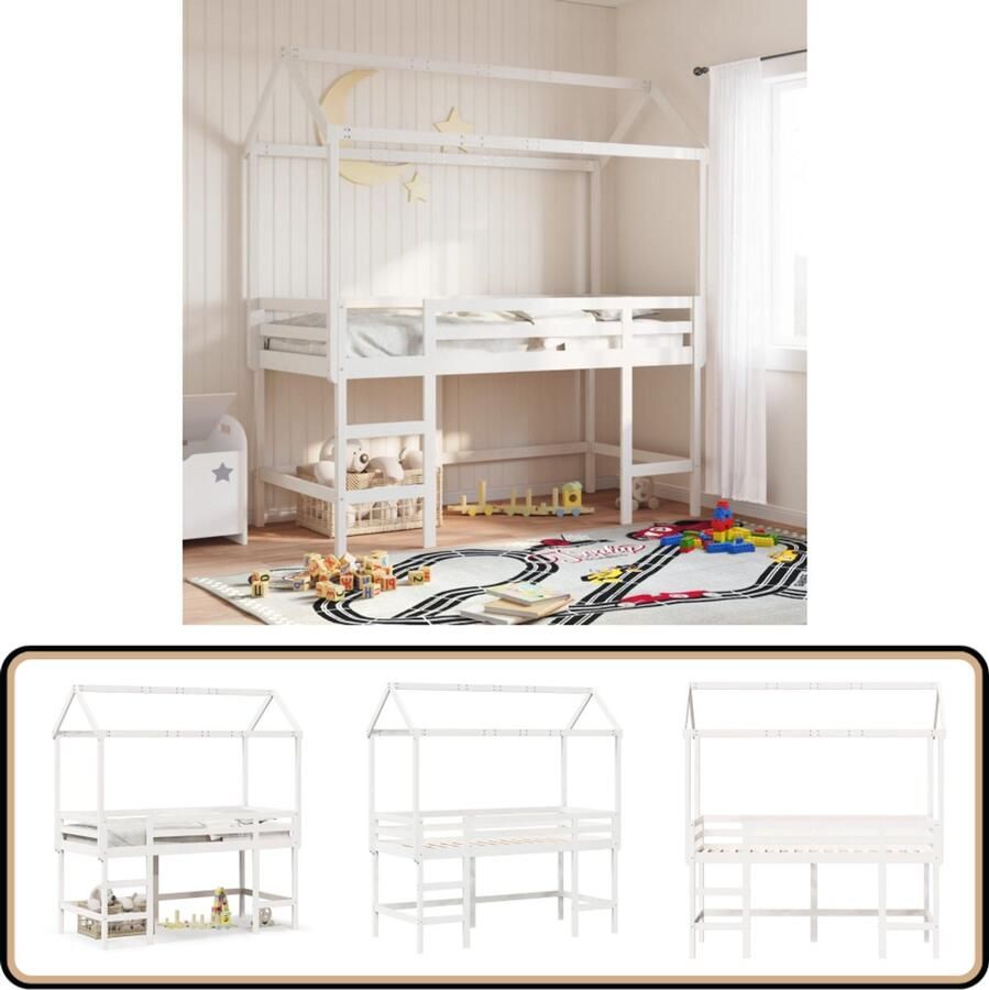 VidaXL Halfhoogslaper met ladder en bedhuis grenenhout wit 80x200 cm