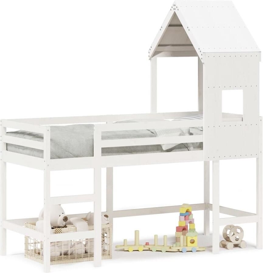 VidaXL Halfhoogslaper met ladder en bedhuis grenenhout wit 80x200 cm