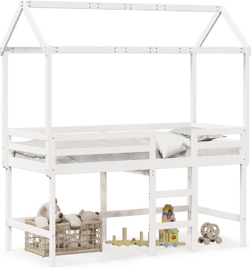 VidaXL Halfhoogslaper met ladder en bedhuis grenenhout wit 90x190 cm