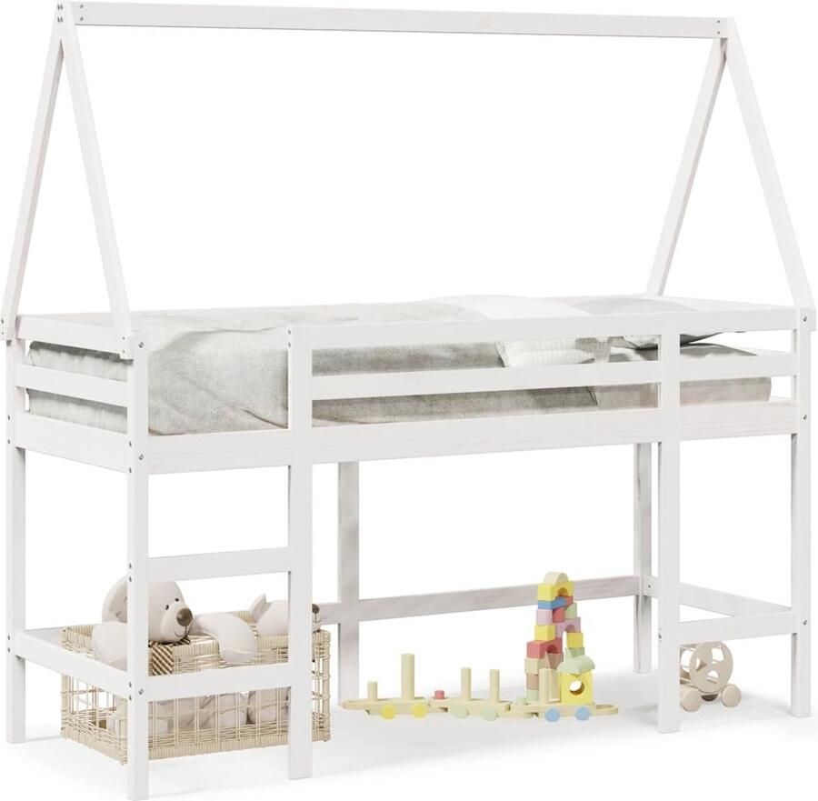 VidaXL Halfhoogslaper met ladder en bedhuis grenenhout wit 90x190 cm