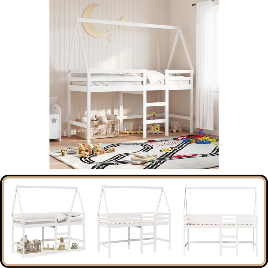 VidaXL Halfhoogslaper met ladder en bedhuis grenenhout wit 90x190 cm