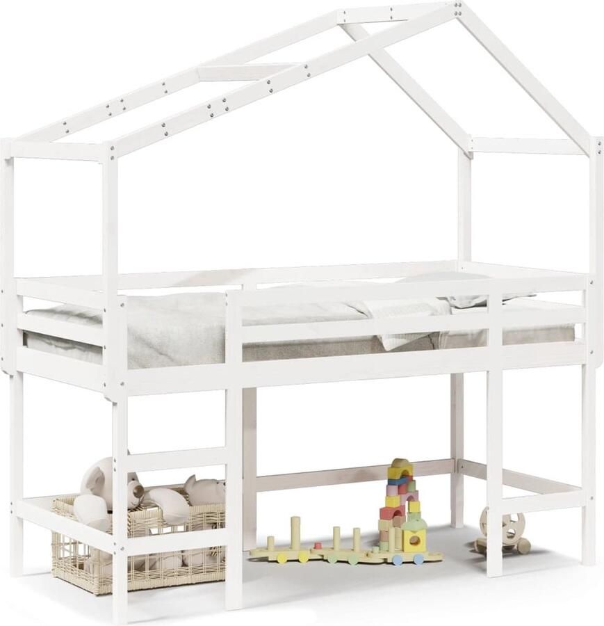 VidaXL Halfhoogslaper met ladder en bedhuis grenenhout wit 90x190 cm - Foto 2