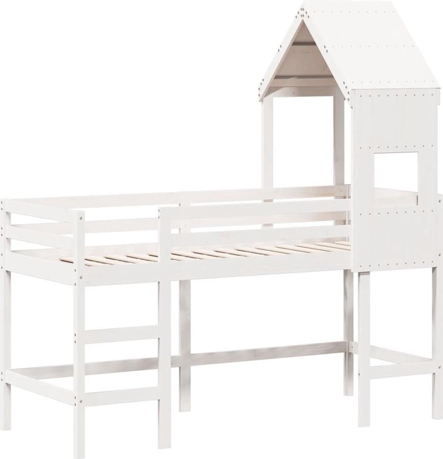 VidaXL Halfhoogslaper met ladder en bedhuis grenenhout wit 90x190 cm - Foto 2