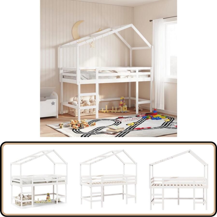 VidaXL Halfhoogslaper met ladder en bedhuis grenenhout wit 90x190 cm