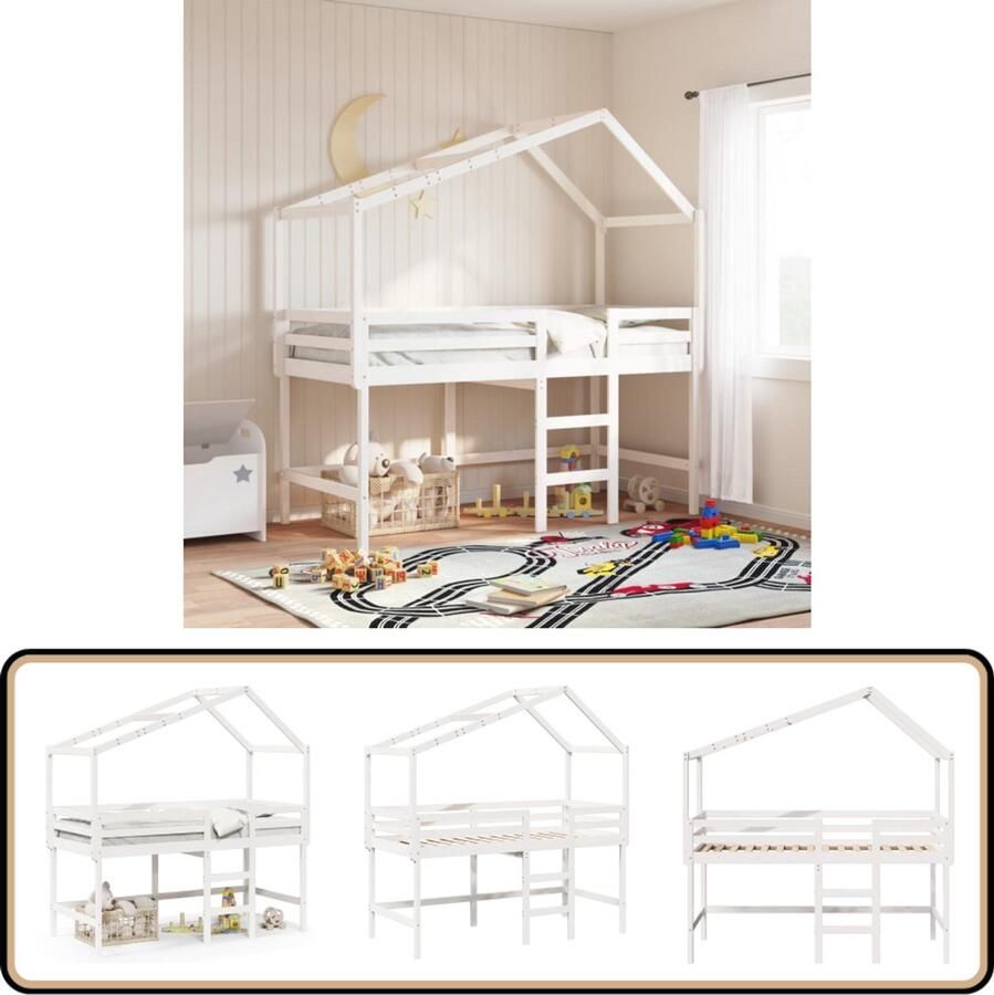 VidaXL Halfhoogslaper met ladder en bedhuis grenenhout wit 90x190 cm