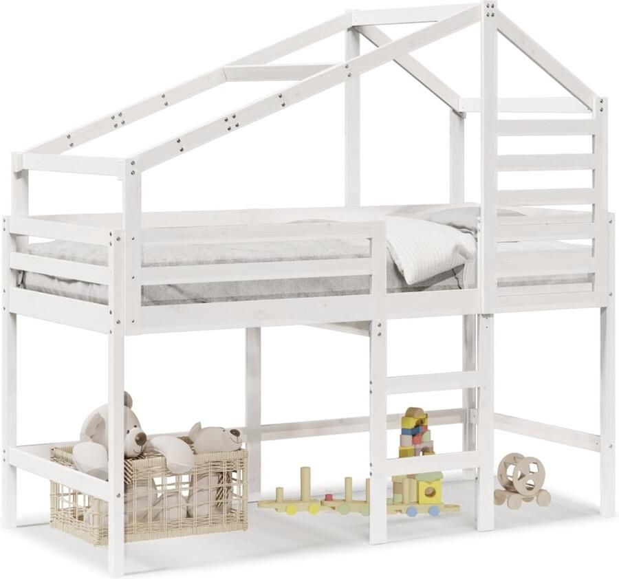 VidaXL Halfhoogslaper met ladder en bedhuis grenenhout wit 90x190 cm
