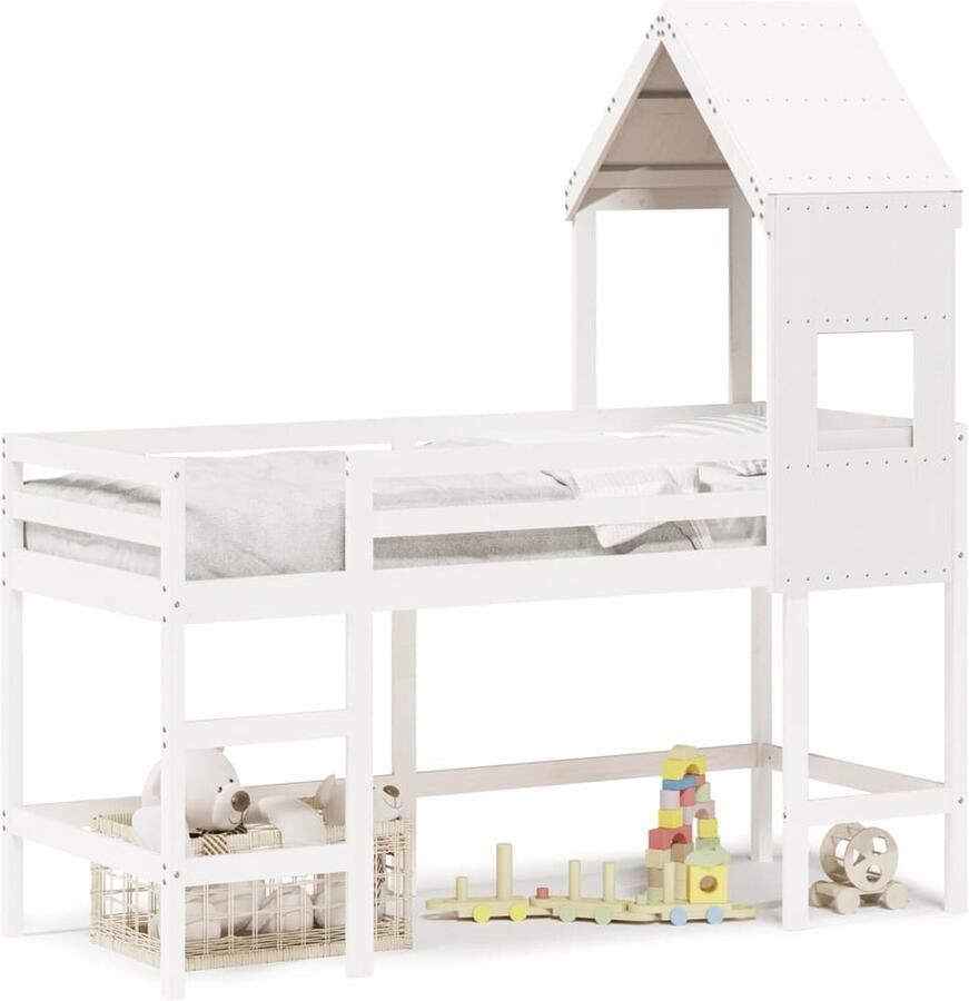 VidaXL Halfhoogslaper met ladder en bedhuis grenenhout wit 90x190 cm