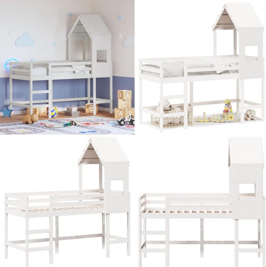 VidaXL Halfhoogslaper met ladder en bedhuis grenenhout wit 90x190 cm Kinderhoogslaper Kinderhoogslapers Kinderbed Peuterbed