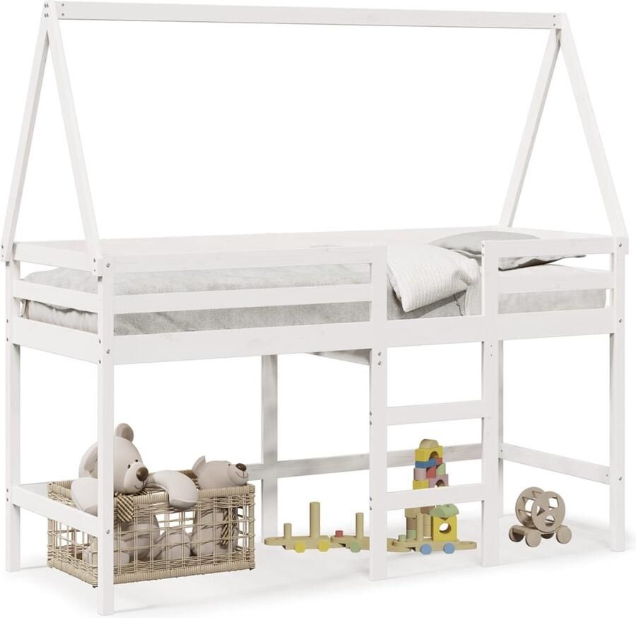 VidaXL Halfhoogslaper met ladder en bedhuis grenenhout wit 90x200 cm