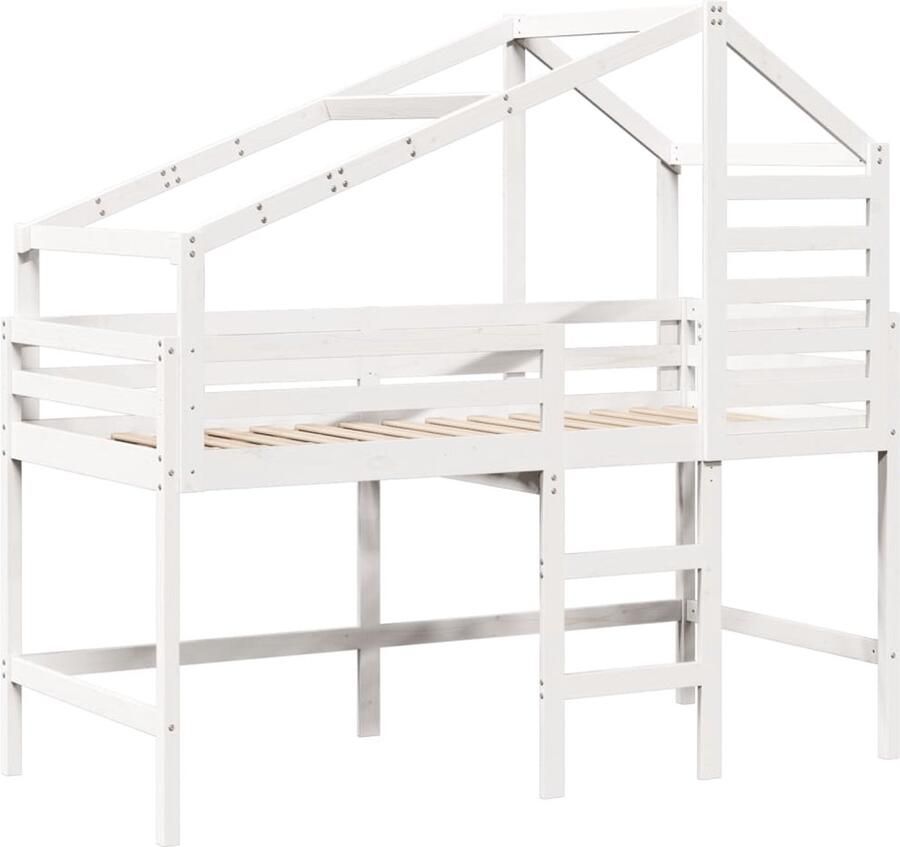 VidaXL Halfhoogslaper met ladder en bedhuis grenenhout wit 90x200 cm