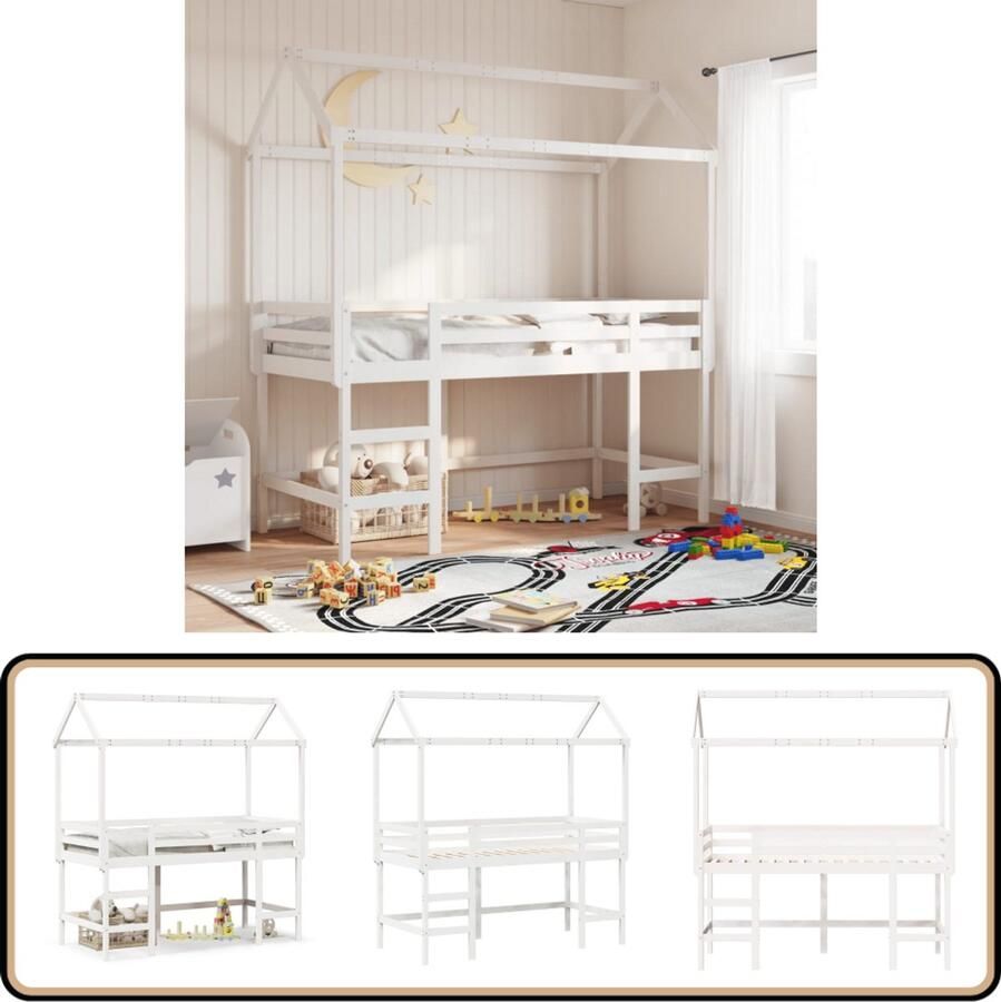 VidaXL Halfhoogslaper met ladder en bedhuis grenenhout wit 90x200 cm