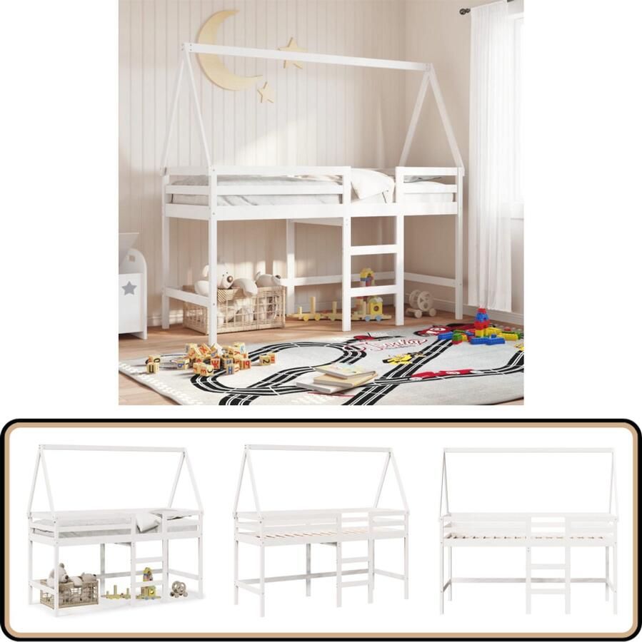VidaXL Halfhoogslaper met ladder en bedhuis grenenhout wit 90x200 cm