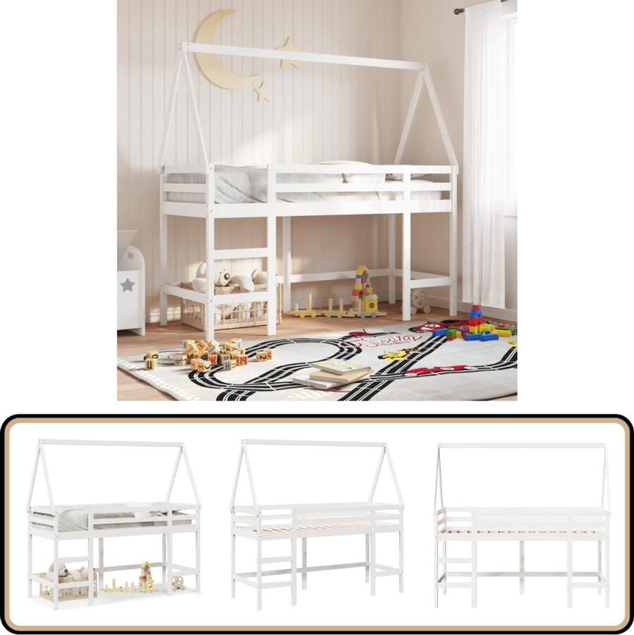 VidaXL Halfhoogslaper met ladder en bedhuis grenenhout wit 90x200 cm