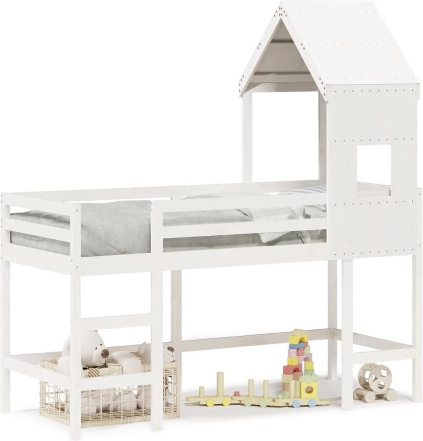 VidaXL Halfhoogslaper met ladder en bedhuis grenenhout wit 90x200 cm