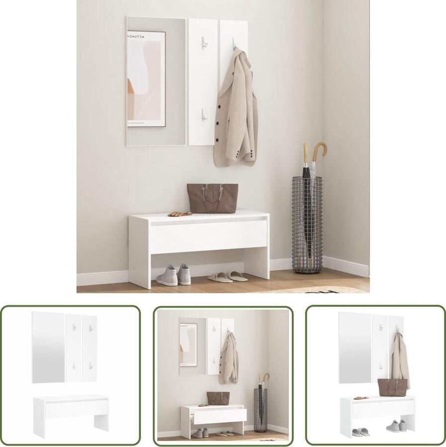 The Living Store Gangkastenset wit 80 x 30.5 x 40 cm met spiegel hout en acryl Gangkast Halkast Opbergbank Inbouwblad Witte Kast - Foto 2