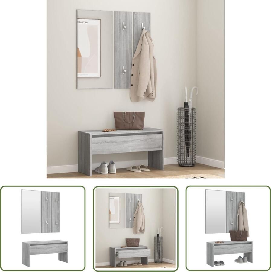 The Living Store Gangkastenset Grijs Sonoma Eiken Halbank Spiegel Kapstokpaneel 80x30.5x40 cm Bewerkt Hout en Acryl Gangkast Set Halkast Entree Kast Wandplank Opbergkast - Foto 2