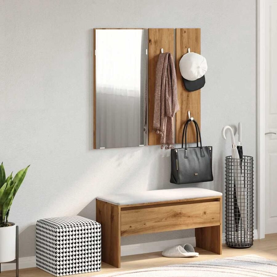 The Living Store Halmeubelset bewerkt hout artisanaal eikenkleur Gangkast Entreehal Meubels Opbergbanken Houten Bank Hallenkast Set