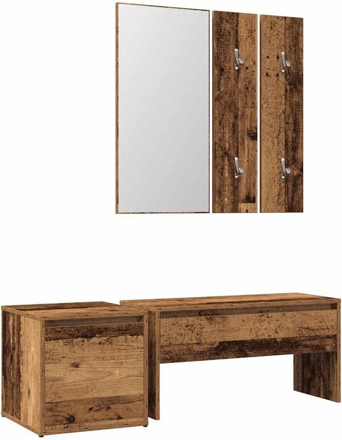 The Living Store Halmeubelset bewerkt hout oud houtkleurig Gangkast Halmeubilaar Kastdeur Houten Meubels Vintage Meubel