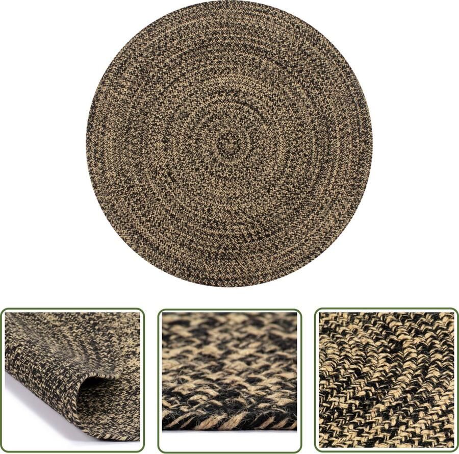 The Living Store Vloerkleed handgemaakt 120 cm jute zwart en naturel Jute Tapijt Handgemaakt Tapijt Rond Tapijt Natuurtapijt Woonaccessoire
