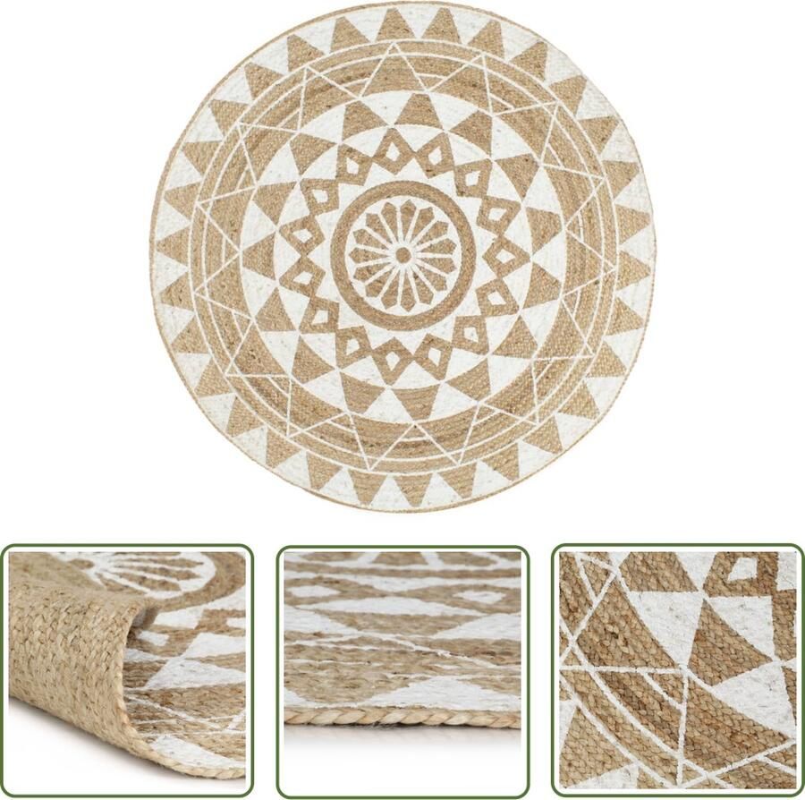 The Living Store Tapijt Gevlochten Jute 150 cm Handgemaakt Natuurlijk en Wit Patroon Jute Tapijt Handgemaakt Tapijt Natuurtapijt Vintage Tapijt Bohemian Tapijt