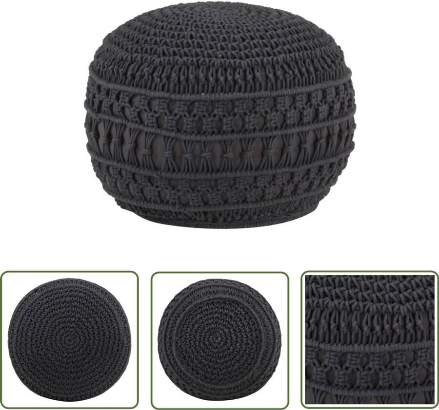 The Living Store Poef macramé handgemaakt 45x30 cm katoen antraciet Macrame Poef Handgemaakte Poef Woonaccessoires Stoffen Poef Loungepoef