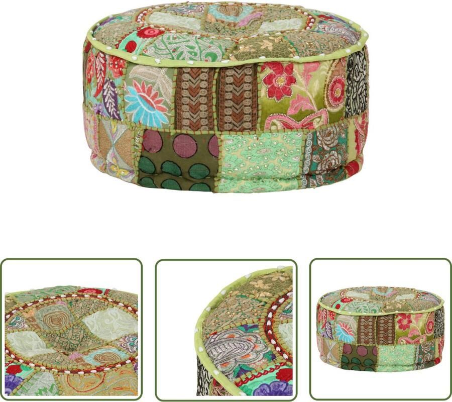 The Living Store Poef patchwork rond handgemaakt 40x20 cm katoen groen Vintage Poef Handgemaakte Poef Katoenen Poef Patchwork Poef Indiaanse Stijl Poef