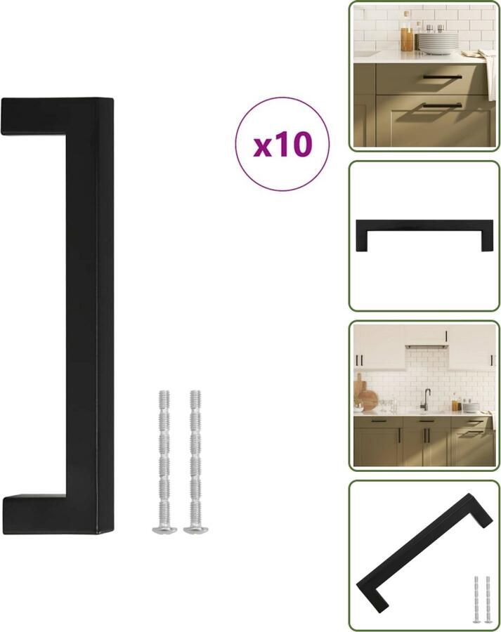 VidaXL Handvatten 10 stuks 128 mm RVS Zwart Vierkante Meubelgrepen voor Kasten en Lades Meubelhandgrepen Keukenhandgrepen Kastgrepen Zwarte Handgrepen Roestvaststaal Handgrepen