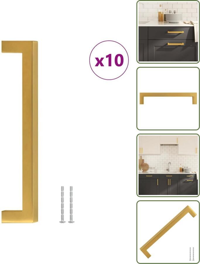 VidaXL Handvatten 10 stuks 160 mm RVS Goudkleurig Vierkante Meubelgrepen voor Kasten en Lades Meubelhandgrepen Gouden Handgrepen Roestvaststalen Handgrepen Keukenhandgrepen Kastdeurknoppen