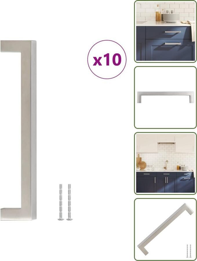 VidaXL Handvatten 10 stuks 160 mm RVS Zilverkleurig Vierkante Meubelgrepen voor Kasten en Lades Meubelhandgrepen Keukenhandgrepen Kastdeurknoppen Rvs Handgrepen Zilverkleurige Handgrepen