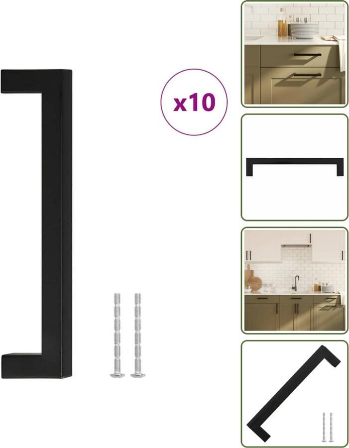 VidaXL Handvatten 10 stuks 160 mm RVS Zwart Vierkante Meubelgrepen voor Kasten en Lades Meubelhandgrepen Zwarte Handgrepen Roestvaststalen Handgrepen Keukenhandgrepen Kastdeurknoppen