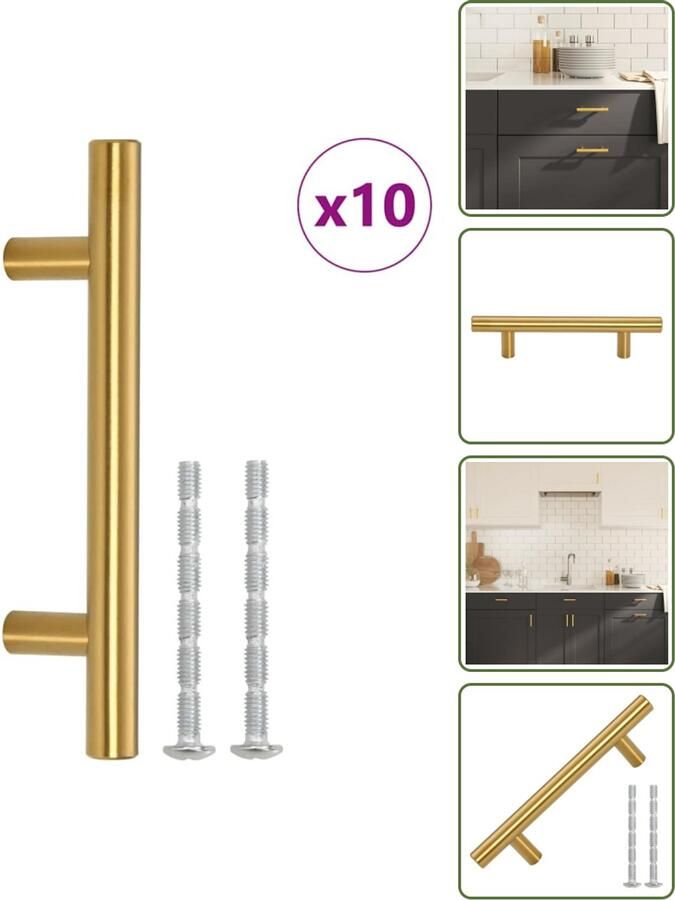 VidaXL Handvatten 10 stuks 64 mm RVS Goudkleurig T-vormige Meubelgrepen voor Kasten en Lades Meubelhandvatten Keukenhandgrepen Kastdeurknoppen Gouden Handgrepen Roestvaststalen Handgrepen