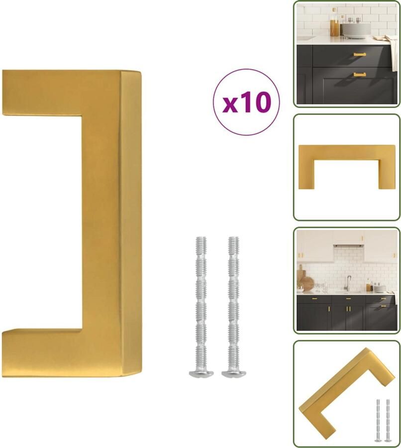 VidaXL Handvatten 10 stuks 64 mm RVS Goudkleurig Vierkante Meubelgrepen voor Kasten en Lades Meubelhandvatten Gouden Handgrepen Roestvaststaal Handgrepen Keukenhandgrepen Kastdeurknoppen
