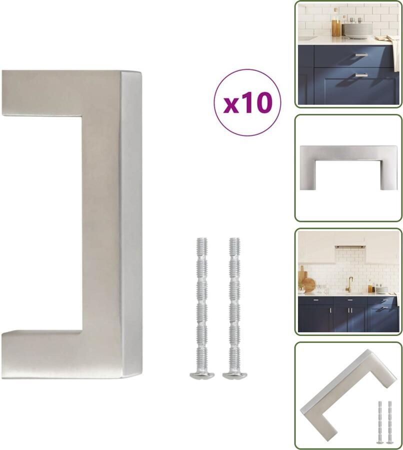 VidaXL Handvatten 10 stuks 64 mm RVS Zilverkleurig Vierkante Meubelgrepen voor Kasten en Lades Meubelhandgrepen Keukenhandgrepen Kastdeurknoppen Ladegrepen Roestvaststaal Handgrepen