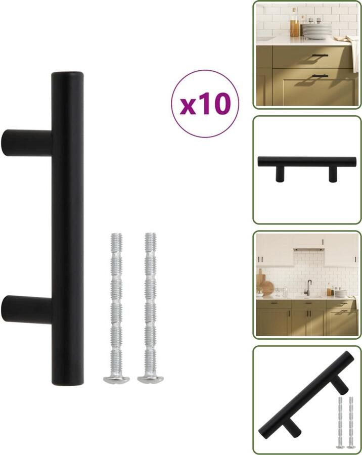 VidaXL Handvatten 10 stuks 64 mm RVS Zwart T-vormige Meubelgrepen voor Kasten en Lades Meubelhandgrepen Keukenhandgrepen Zwarte Handgrepen Roestvaststalen Handgrepen T-vormige Handgrepen