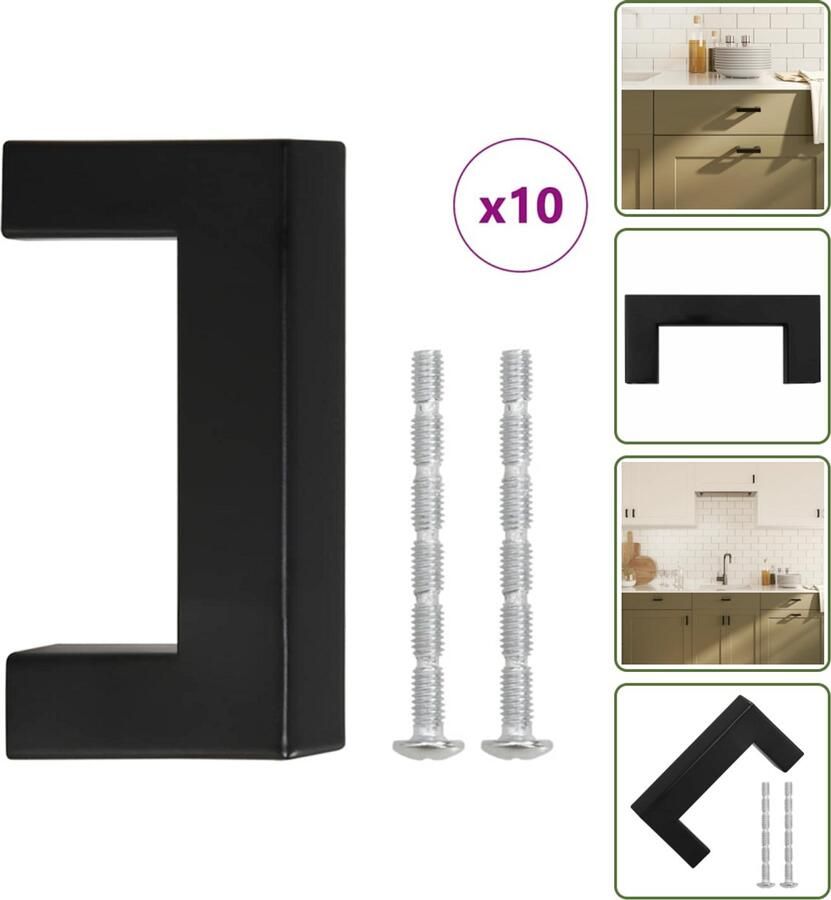 VidaXL Handvatten 10 stuks 64 mm RVS Zwart Vierkante Meubelgrepen voor Kasten en Lades Meubelhandgrepen Zwarte Handgrepen Roestvaststalen Handgrepen Keukenhandgrepen Kastdeurknoppen