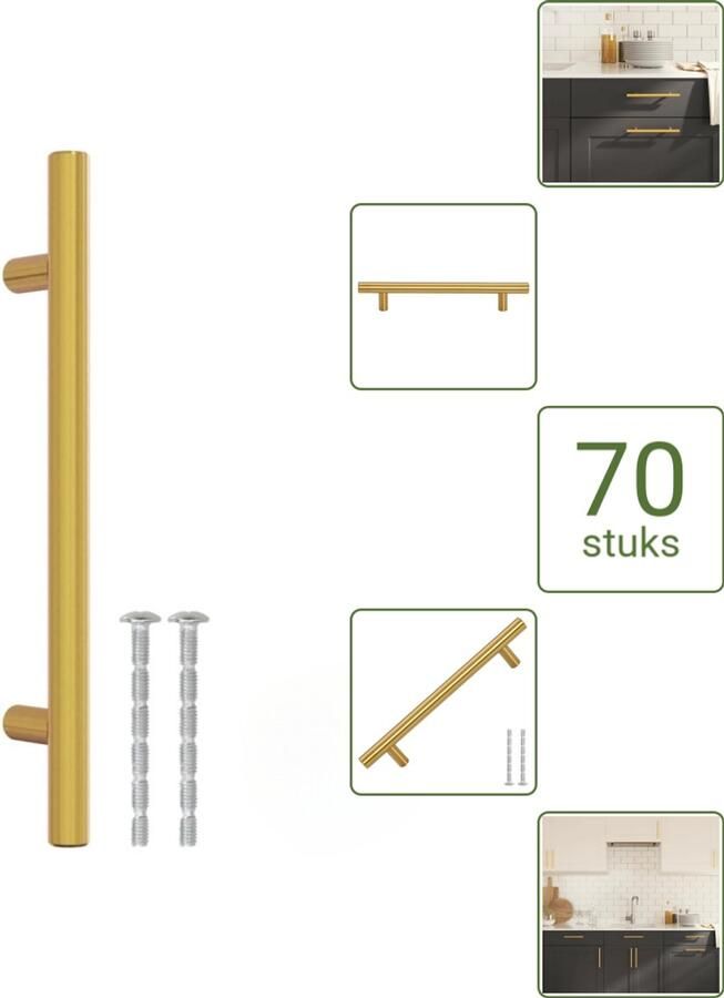 VidaXL Handvatten 128 mm RVS Goudkleurig T-vormige Meubelgrepen voor Kasten en Lades Voordeelverpakking 70 stuks