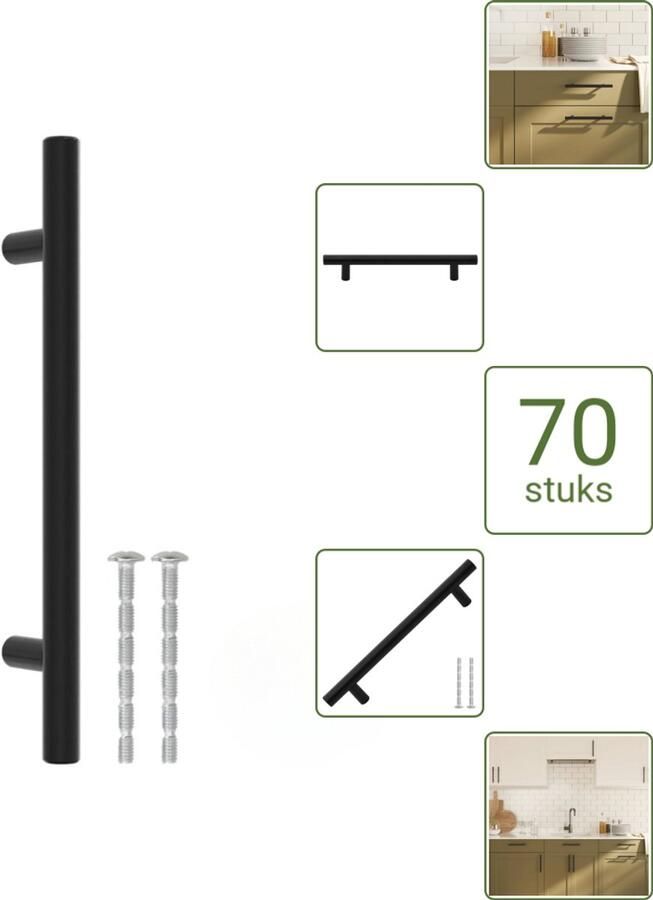 VidaXL Handvatten 128 mm RVS Zwart T-vormige Meubelgrepen voor Kasten en Lades Voordeelverpakking 70 stuks