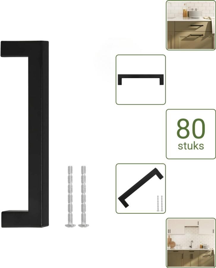 VidaXL Handvatten 128 mm RVS Zwart Vierkante Meubelgrepen voor Kasten en Lades Voordeelverpakking 80 stuks