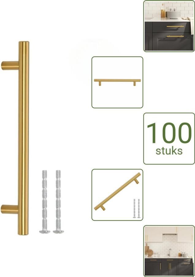 VidaXL Handvatten 160 mm RVS Goudkleurig T-vormige Meubelgrepen voor Kasten en Lades Voordeelverpakking 100 stuks