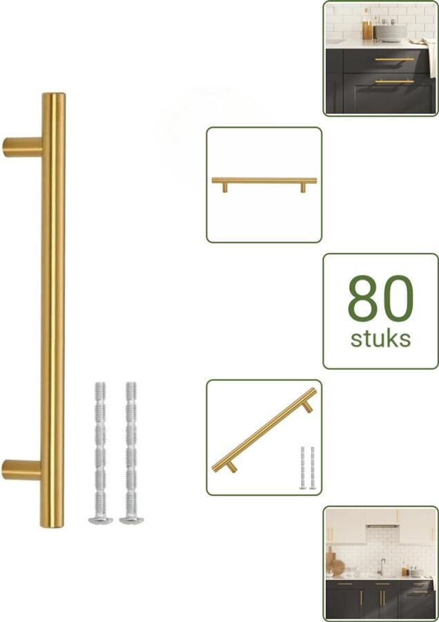 VidaXL Handvatten 160 mm RVS Goudkleurig T-vormige Meubelgrepen voor Kasten en Lades Voordeelverpakking 80 stuks