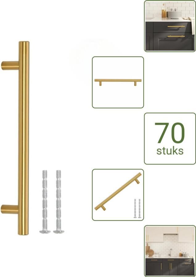 VidaXL Handvatten 160 mm RVS Goudkleurig T-vormige Meubelgrepen voor Kasten en Lades Voordeelverpakking 70 stuks